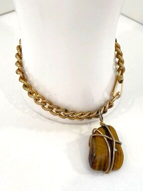 Tigers Eye Pendant On Gold-Tone Chain Bracelet natural stone 70s Boho Gypsy